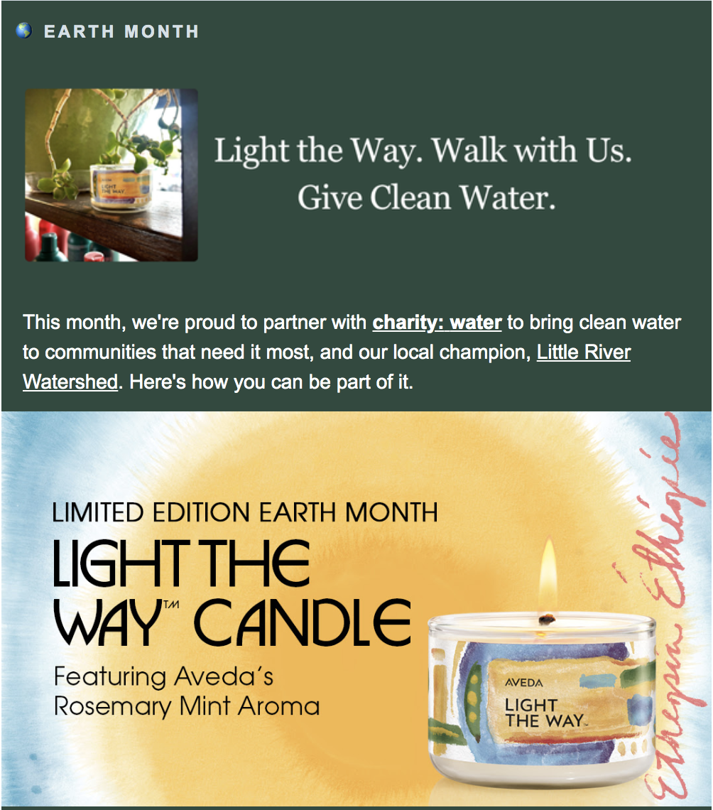Aveda's "Light the Way" candle is shown on a table and in a promotional image for Earth Month, supporting clean water initiatives.