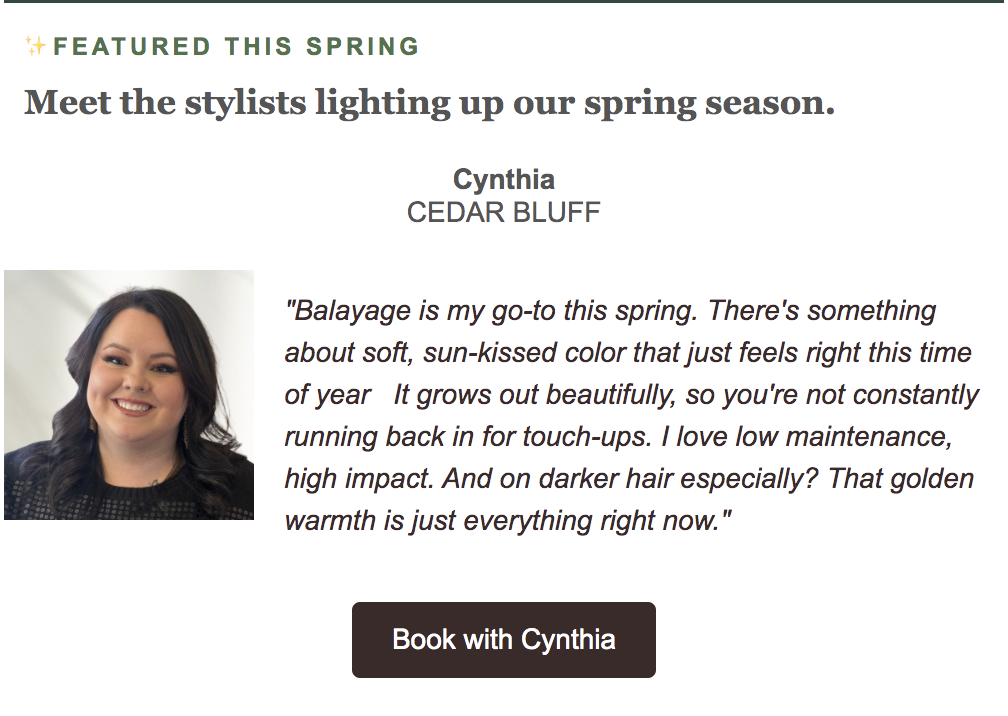 A woman with long dark hair and a black top smiles at the camera. Next to her is a quote about spring hair trends and a button labeled "Book with Cynthia.