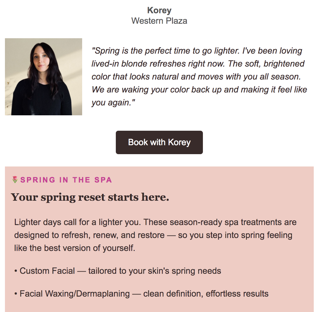 A woman with long dark hair stands against a plain background. Text promotes seasonal hair and spa treatments, including custom facials and facial waxing/dermaplaning.