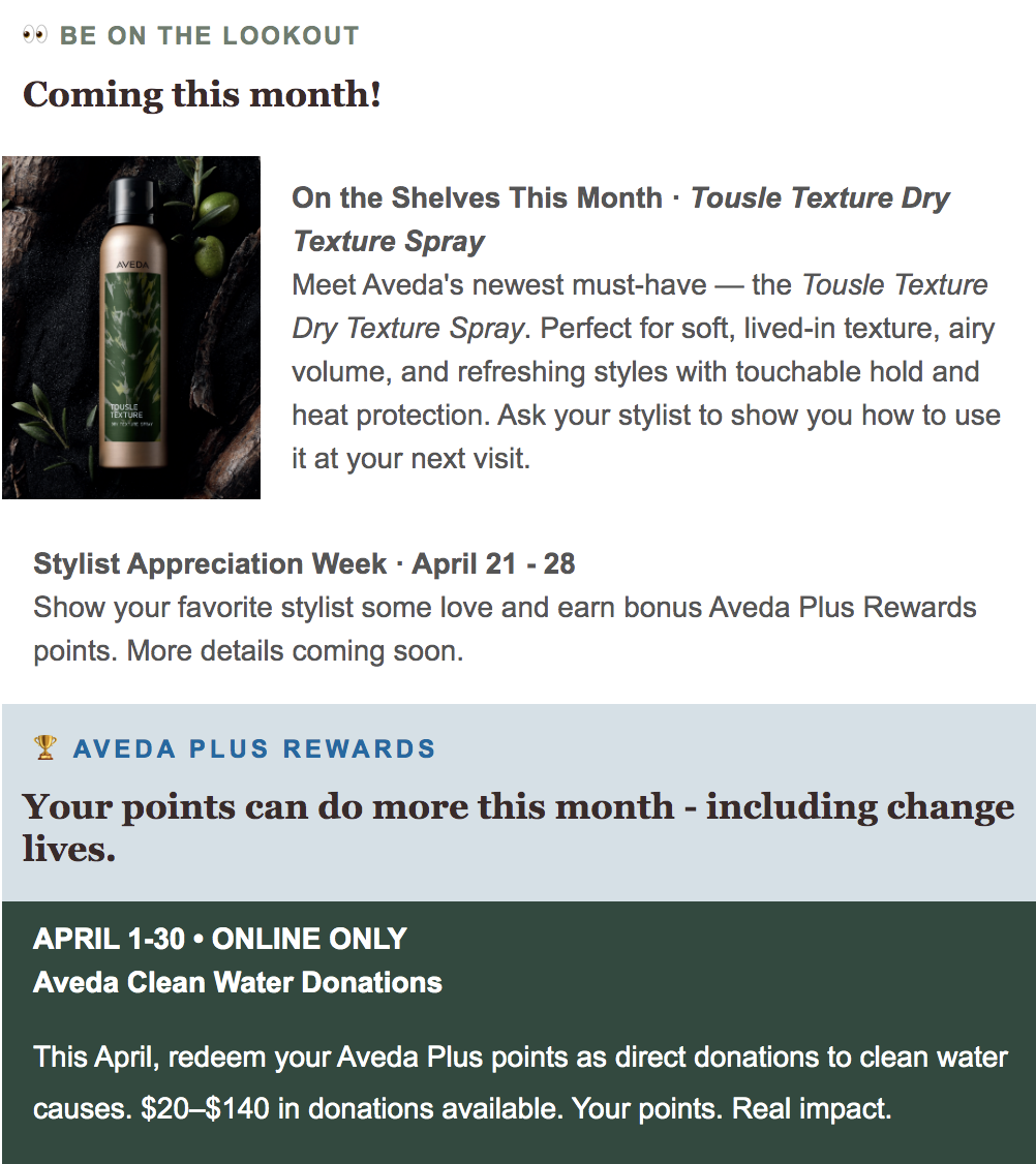 Screenshot of an Aveda newsletter featuring a new hair spray, stylist appreciation week, and details on earning rewards points for Aveda Clean Water donations in April.