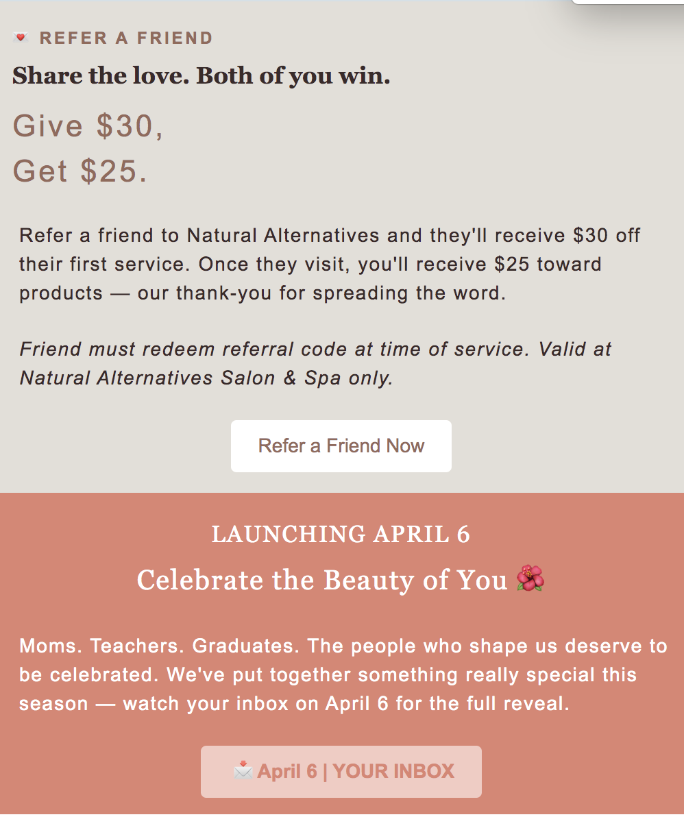 Screenshot of a website offering a $30 referral discount and $25 reward, plus a note about an April 6 event celebrating moms, teachers, and graduates.