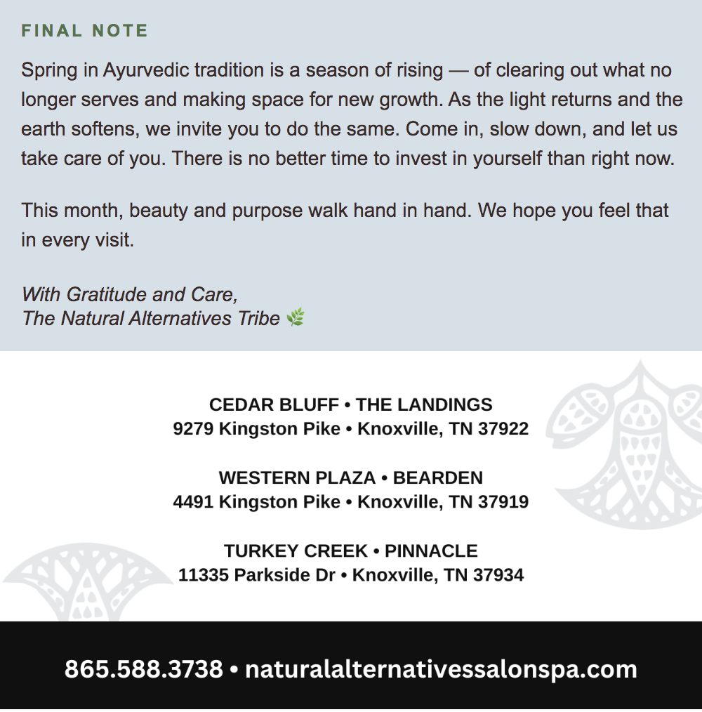 Informational text about Ayurvedic spring renewal from Natural Alternatives, followed by Knoxville salon locations and contact details on a pale green background with lotus illustrations.