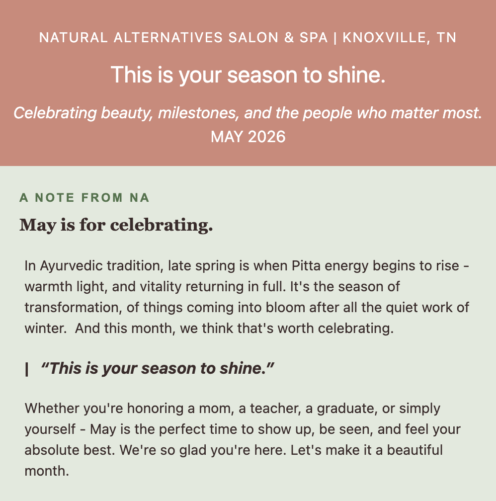 Promotional graphic for Natural Alternatives Salon & Spa announcing “This is your season to shine” for May 2026, with notes on Ayurveda and encouragement to celebrate milestones.