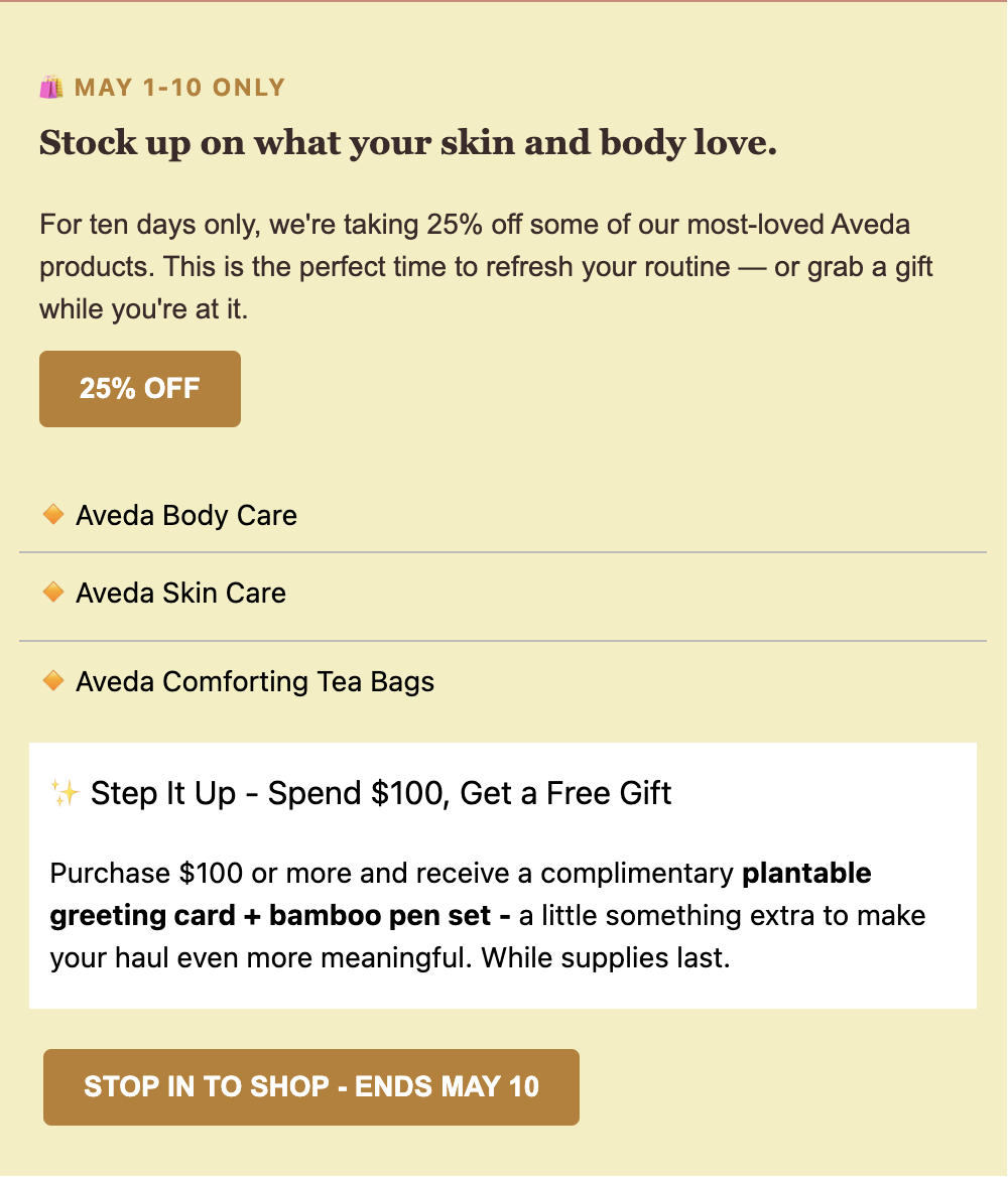 Promotional banner for a 25% off sale on Aveda products from May 1-10, featuring body care, tea bags, and a free gift offer for purchases over $100.