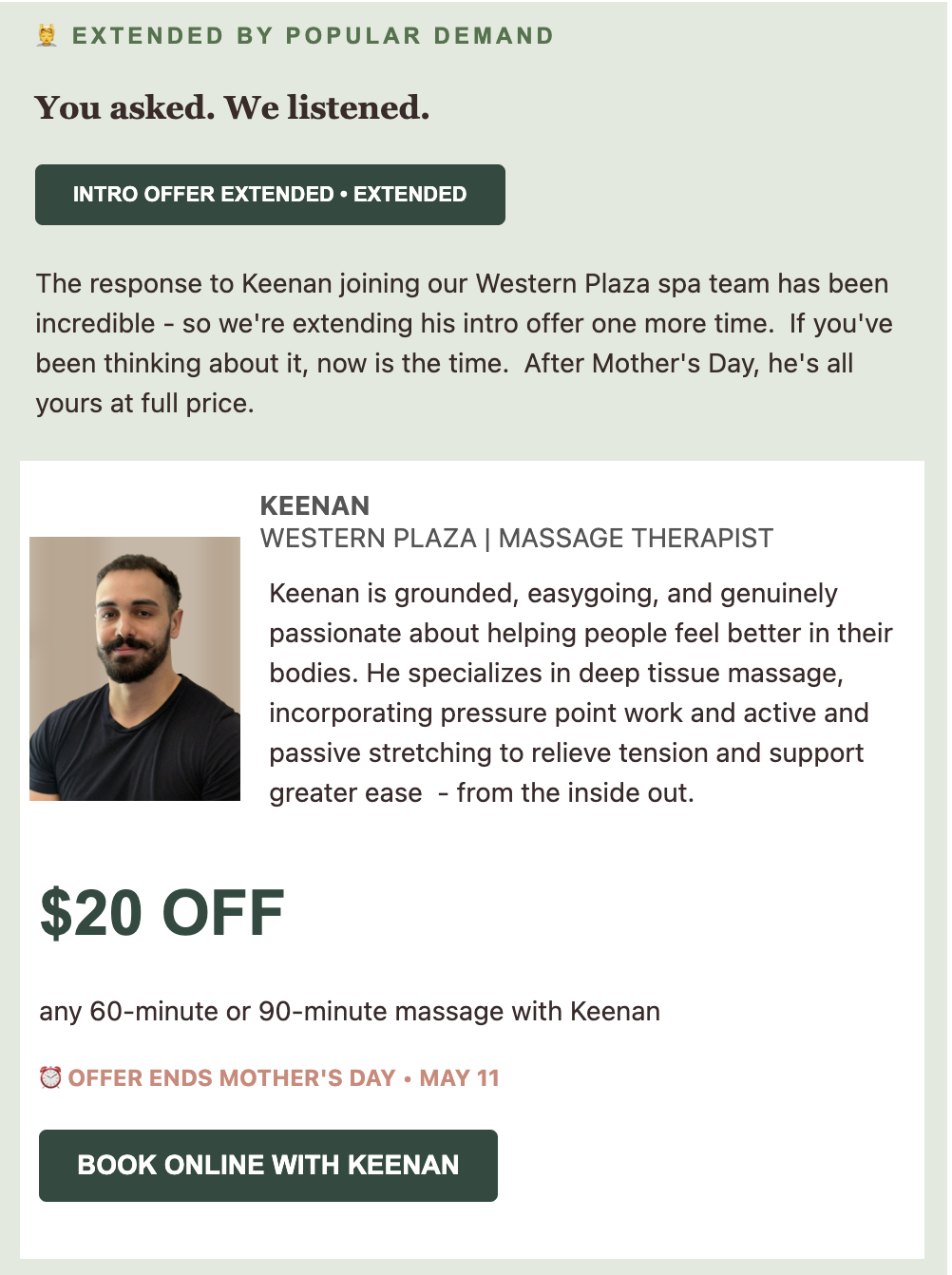 Promotional email offering $20 off a massage with Keenan at Western Plaza, featuring Keenan's photo, offer details, and a "Book Online with Keenan" button.