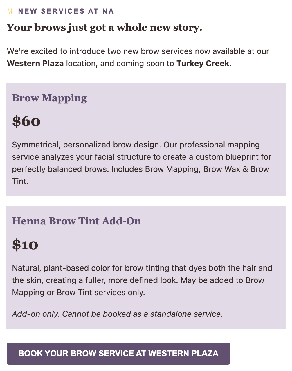 Informational flyer about new brow services: Brow Mapping for $60 and Henna Brow Tint Add-On for $10, now available at Western Plaza, with booking button at the bottom.