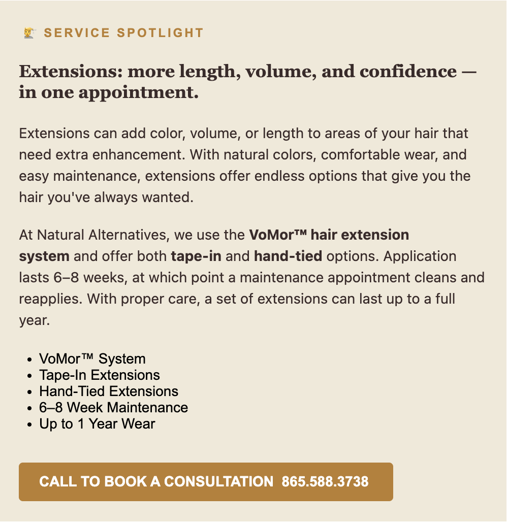 Informational graphic about VoMor hair extension services, listing features like tape-in and hand-tied options, 6–8 week maintenance, and a phone number to book a consultation.