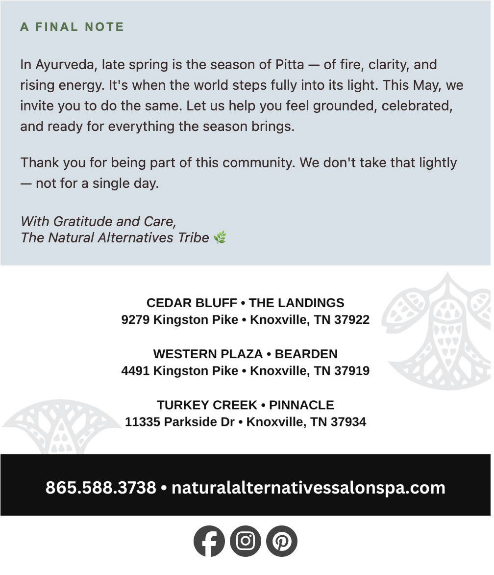 A note about Ayurveda and the Pitta season, salon contact info, and three Knoxville, TN, salon locations listed on a green and white background.